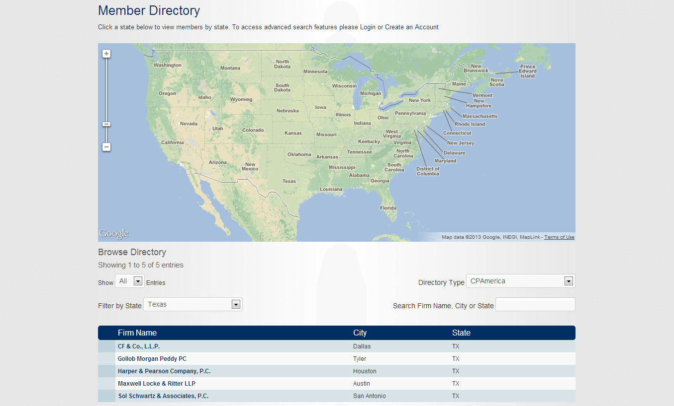 Membership directory with filter function by state location
